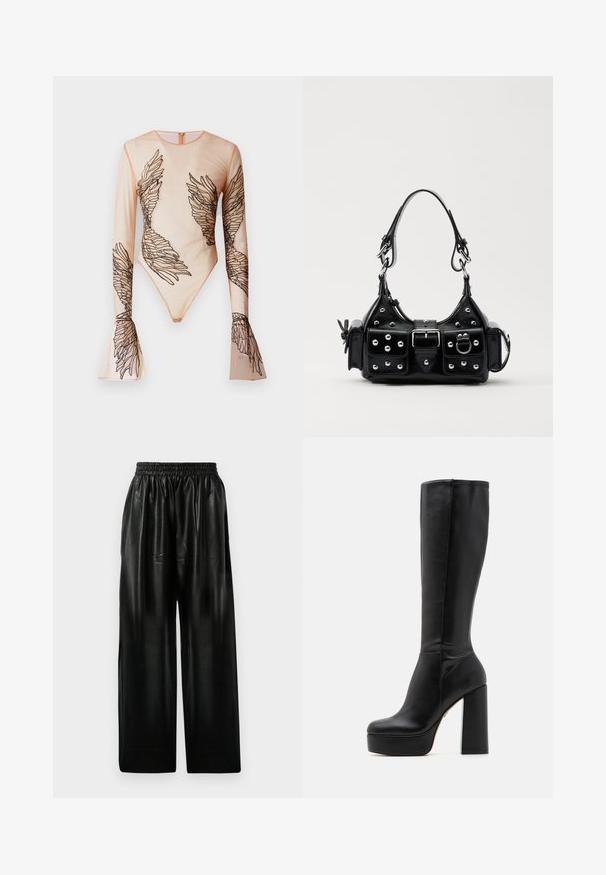 Átlátszó, hosszúujjú body meztelen színben, fekete hímzett szárnymintákkal az ujjakon és a testen, hátul cipzárral.; Fekete bőr széles szárú nadrág, rugalmas derékkal, két oldalsó zsebbel és sima, fényes textúrával.; Fekete, térd fölé érő csizmák sima bőrből, struktúrált felülettel, magas tömbsarokkal és kerek orral.; Fekete bőr kézitáska ívelt designnal, ezüst szegecsekkel, csattal és két oldalsó zsebbel. Állítható vállpánt a hordozási lehetőségekhez.