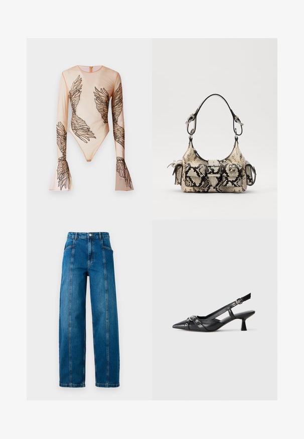 Átlátszó, hosszúujjú body meztelen színben, fekete hímzett szárnymintákkal az ujjakon és a testen, hátul cipzárral.; Magas derekú kék farmernadrág széles szárakkal, elülső függőleges varrásokkal, oldalsó zsebekkel, övhurkokkal és gombos zárással.; Fekete bőr slingback cipő hegyes orral, dekoratív pántokkal, fém szemekkel és alacsony blokk sarkú. Texturált felület.; Python mintás, bézs és fekete kézitáska, amelynek struktúrált formája, csatt részlete és dupla vállpántja van. Texturált felület.