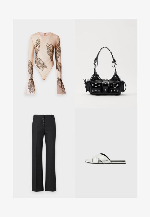 Permatomas ilgas rankoves bodysuit'as nude spalvos, turintis siuvinėtus juodus sparnų raštus ant rankovių ir liemenės, su užtrauktuku gale.; The Kooples PANTALON - Kelnės - black; Sidabrinės plokščios šlepetės su metaliniu apdailos paviršiumi, turinčios išlenktos dirželio dizainą, išpjovų akcentus ir tekstūruotą padą kiekvienai gravitacijai.; Juodas odinis rankinukas su kreiviu dizainu, su sidabro spalvos knopkėmis, užsegimu ir dviem šoninėmis kišenėmis. Reguliuojama dirželis nešimui.