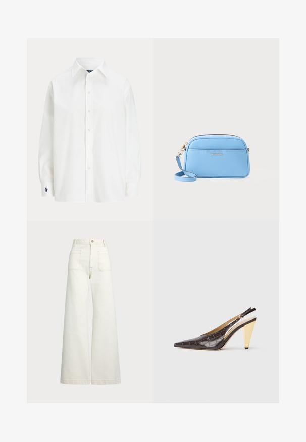 Camicia bianca con maniche lunghe, colletto classico e un piccolo logo blu sul polsino. Tessuto di cotone liscio, vestibilità strutturata.; Jeans a gamba larga in denim bianco sporco. Design a vita alta con chiusura a bottone, due tasche frontali e dettagli di cucitura a contrasto.; Tacco slingback a punta in ecopelle lucida effetto coccodrillo marrone scuro. Caratterizzato da un tacco geometrico in tonalità oro e da una cinghia alla caviglia regolabile.; Borsa a tracolla in pelle azzurro chiaro con dettagli in metallo oro, chiusura con zip e tasca frontale. Presenta un tracolla regolabile per maggiore comodità.