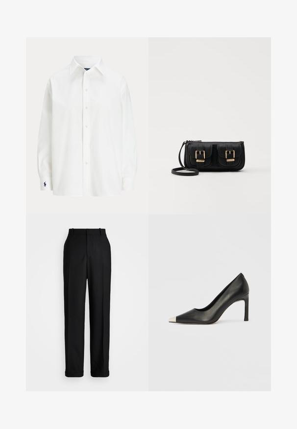 White button-up shirt with long sleeves, classic collar, and a small blue logo on the cuff. Smooth cotton fabric, structured fit.; Polo Ralph Lauren HIGH RISE RELAXED STRAIGHT TROUSER - Trousers - black; Black leather high heel shoe with a pointed toe and a metallic silver cap. Features a smooth finish and a slender 10 cm heel.; Black leather crossbody bag with two front pockets, gold buckles, zipper closure, and a slim strap. Textured surface and compact rectangular shape.