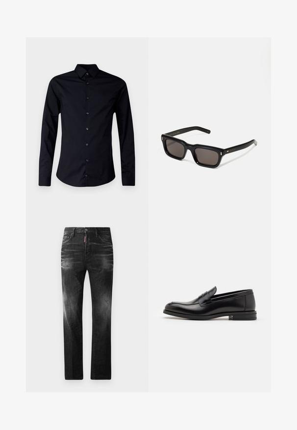 Crna majica dugih rukava izrađena od glatkog materijala, s oštrim kragnom, prednjim kopčanjem na gumbe i prilagođenim dizajnom s zakrivljenim rubom.; Crne traperice od denima ravnog kroja. Imaju izbljedjela područja, male oštećenja, klasičan dizajn s pet džepova i kopčanje na dugme.; Crni kožni mokasini s glatkom teksturom, zaobljenim prstima i ukrasnom trakom preko prednjeg dijela. Niski slojeviti potplat, minimalistički dizajn.; Crne pravokutne sunčane naočale s tamnim lećama, debelim plastičnim okvirom, zlatnim akcentima na sljepoočnicama i logotipom marke ugraviranim na dršku.