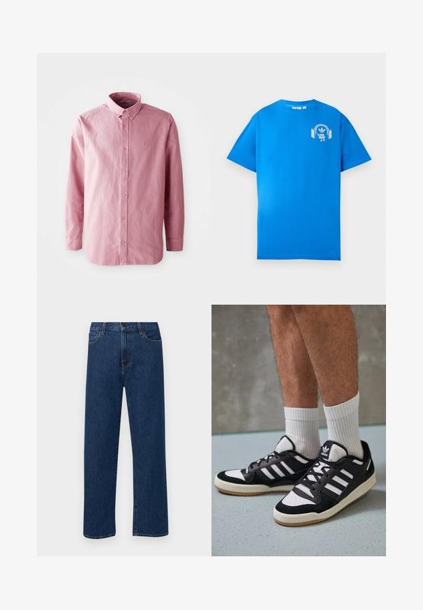 Srajca z dolgimi rokavi, z gumbi, v svetlo roza tkanini. Ima klasičen ovratnik, šest gumbov na sprednji strani in subtilno logotip na prsih.; Modra bombažna majica s kratkimi rokavi. Ima bel grafični dizajn na sprednji strani, ki prikazuje lik s slušalkami in lokom.; Temno modri jeans ravne krojenje z naprsnimi žepi in gumbom za zapiranje, prikazani na enostavni beli podlagi.; Črno-bele superge z zgornjim delom iz usnja in nubuka, ki imajo tri bele črte, perforiran vrh prstov in podplat iz gume.
