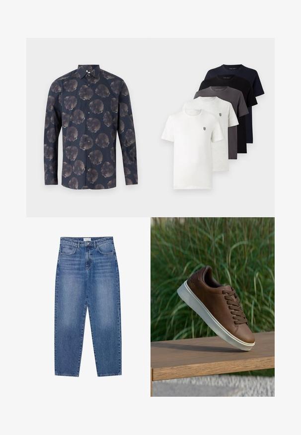 Cămașă cu mânecă lungă de culoare bleumarin închis, cu un model floral ce prezintă flori mari, estompate. Deschidere tip buton în față, cu guler clasic și textură de țesătură.; Cinci tricouri din bumbac cu mânecă scurtă în alb, gri deschis, gri închis, bleumarin și negru, cu un mic logo pe piept.; Jeans din denim albastru cu talie înaltă, design cu picior drept și finisaj tocit. Prezintă cinci buzunare și închidere cu nasture.; Tenis din piele maro cu talpă din cauciuc alb, vârf rotund și șireturi maronii. Textură de aderență pe talpă și finisaj neted pe partea superioară.