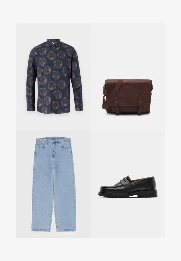 Camicia a maniche lunghe di colore blu navy scuro con un motivo floreale che presenta grandi fiori in tonalità tenui. Chiusura con bottoni frontale, colletto classico e texture del tessuto.; Jeans in denim azzurro chiaro con design a gamba dritta, caratterizzati da una vita media, cinque tasche e chiusura con bottone e zip.; I mocassini in pelle nera presentano una cucitura sollevata, due fasce decorative sulla parte superiore e una suola spessa e texture per una maggiore aderenza.; Borsa a tracolla in pelle marrone con un davanti piatto, due cinghie, dettagli in metallo dorato e una tracolla regolabile.; Orologio in acciaio inossidabile argentato con quadrante rotondo verde, marcatori delle ore argentati, display della data e bracciale a maglie in metallo. Resistente all'acqua fino a 50 metri.