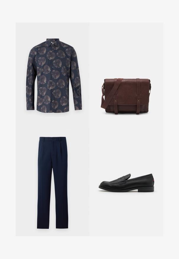 Mörkblå långärmad skjorta med blommönster med stora, dämpade blommor. Knäppning framtill med klassisk krage och tygtextur.; Mjölnarblå byxor i slätt tyg, med en enskild knäppning, veck och raka ben. Minimalistisk design utan märkbara mönster.; Svarta läderloafers med en slät finish, rund tå och en liten dekorativ flik. Har en låg staplad klack och subtilt varumärkesdetalj.; Brun läder budväska med en platt framklaff, två remmar, gyllene detaljer och en justerbar axelrem.