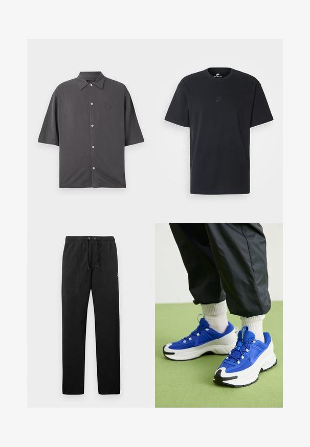 Trumpas rankovėmis, tamsiai pilkas marškinėliai, pagaminti iš minkštos medžiagos. Yra tradicinė apykaklė, rožinės spalvos mygtukai ir subtilus siuvinėtas logotipas ant krūtinės.; Juodas medvilninis Nike marškinėliai su klasikinėmis apykaklėmis, trumpomis rankovėmis ir subtiliu, įspaustu logotipu ant krūtinės. Sklandus tekstūra.; Juodos vilnonės kelnės su elastiniu juosmeniu ir raišteliais, dviem priekinėmis kišenėmis ir maža slogo ant šlaunies.; Mėlyni ir balti sportiniai bateliai su tekstūruota medžiaga, išsiskiriančia guma padais ir juodais akcentais. Savybėmis yra raišteliai ir paminkštinta konstrukcija.