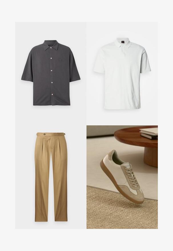 Lühikeste varrukatega, süsihall särk, mis on valmistatud pehmest kangast. Omab traditsioonilist kraed, roosaid nööpe ja õrnalt välja tikitud logo rinnal.; Valge puuvillane polo särk, millel on klassikaline krae, kaks nuppu ja ees diskreetne brändi logo õmmeldud. Lühikesed varrukad.; Beežid püksid sirge lõikega, millel on voldid, nööpkinnitus ja vööaasad. Sile kangas puhta ja viimistletud väljanägemisega.; Kerge jooksutoss, millel on valgest nahast ülemine osa beezide seemisnahkdetailide ja ümmarguse varbaga, ning tekstureeritud pruun kummitald.