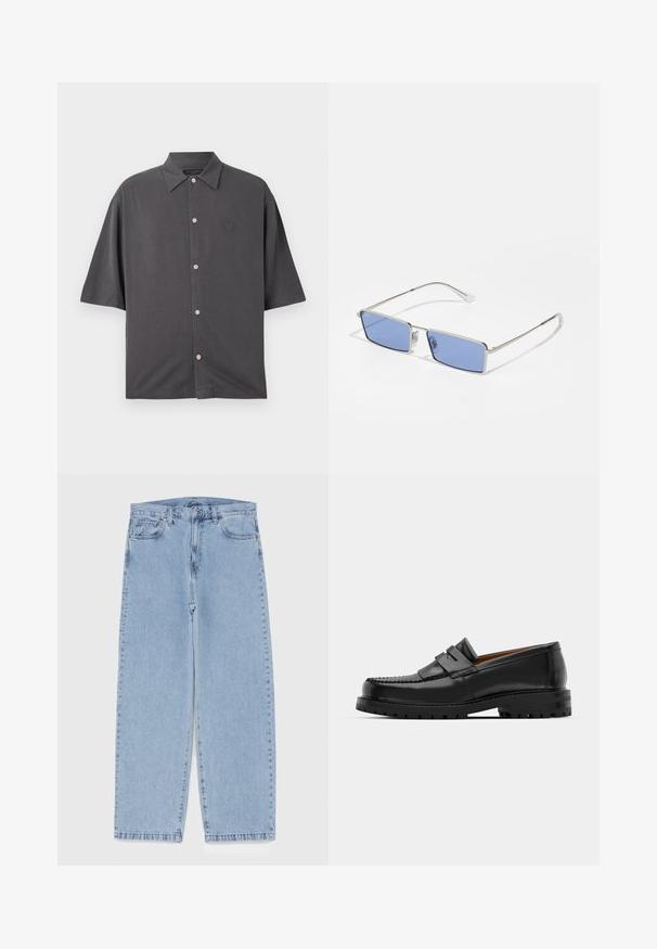 Cămașă cu mânecă scurtă, de culoare gri cărbune, fabricată dintr-un material moale. Prezintă un guler clasic, nasturi roz și un logo brodat discret pe piept.; Jeans din denim de culoare albastru deschis, cu un design cu picioare drepte, având talie medie, cinci buzunare și un sistem de închidere cu nasture și fermoar.; Mocasinii din piele neagră au o cusătură ridicată, două bare decorative pe partea superioară și o talpă groasă texturată pentru o aderență suplimentară.; Ochelari de soare din metal, cu formă rectangulară, lentile de culoare albastră și ramă argintie. Au pernuțe pentru nas și brațe subțiri, drepte.