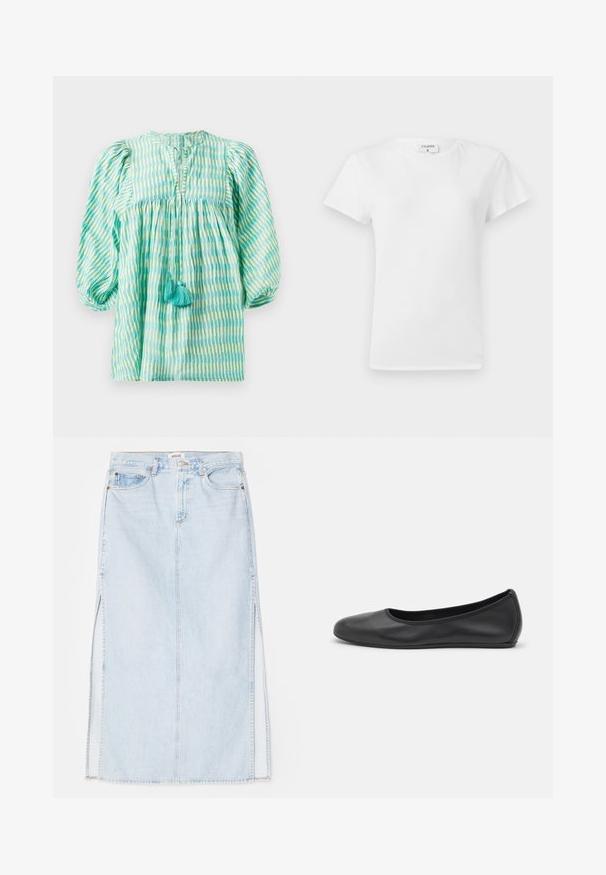 Lett, teal- og grønnstripet bluse med puffede ermer, samlet midje, nøkkelhullsutsnitt, og to turkise frynser foran.; Hvit bomull T-skjorte med rund hals og korte ermer, med en avslappet passform og minimalistisk design. Merke synlig ved nakken.; Lys blå denim maxi skjørt med rett snitt, med sidespalter og fem-lommers design. Fremtredende søm og metallknapplukking.; Svart skinnballettflatt med rund tå, glatt tekstur, minimal sømdetalj, og et fleksibelt såledesign.