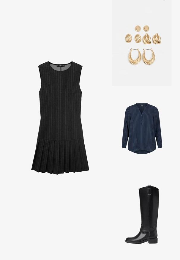 Zizzi NADELSTREIFEN - Camicetta - navy blazer stripe; Abito nero senza maniche con strisce verticali, una corsetto aderente e una gonna plissettata. Il tessuto è liscio con una finitura leggermente testurizzata.; Stivali neri al ginocchio realizzati in materiale sintetico liscio. Presentano una punta rotonda, un tacco basso e dettagli con cuciture verticali.; Set di orecchini in tono oro che comprende tre paia: orecchini a perno ovali texturizzati, orecchini a perno con design ondulato e grandi orecchini a cerchio con scanalature sovrapposte.
