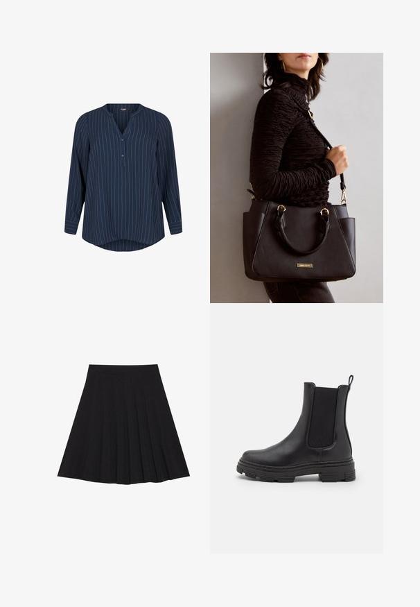 Zizzi NADELSTREIFEN - Blūze - navy blazer stripe; Melna plisētā svārku ir izgatavota no teksturēta auduma ar ietilpīgu jostasvietu. Svārki ir līdz ceļiem un tiem ir gluda, tīra silueta.; Melnas ādas potītes zābaks ar elastīgiem sānu paneļiem, noapaļota purngala forma un teksturēta gumijas zole. Iespējams, ka aizmugurē ir cilpa, kas atvieglo uzvilkšanu.; Melnā rokassoma ar teksturētu virsmu, diviem augšējiem rokturiem un regulējamu pleca siksnu. Iespējas ar zelta krāsas aparatūru un sānu kabatām.