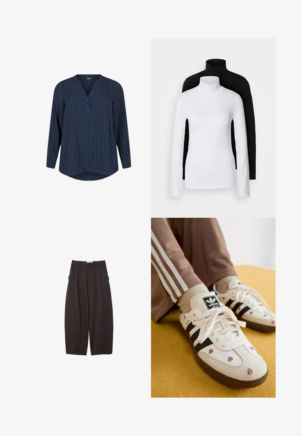 Zizzi NADELSTREIFEN - Blouse - navy blazer stripe; Two long-sleeve turtleneck tops, one white and one black, made of a smooth, stretchy fabric, both featuring slim-fitting design and high collars.; Black wide-leg trousers made from a smooth fabric, featuring a high waist, front pleats, and side pockets. Simple design without embellishments.; White leather sneakers with three black stripes and floral embroidery in purple and yellow. Brown rubber sole. Paired with beige ribbed socks.