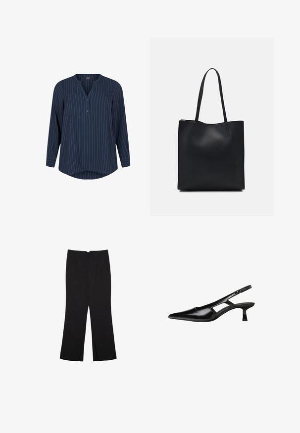 Zizzi NADELSTREIFEN - Bluse - navy blazer stripe; Schwarze Hose mit geradem Schnitt, ausgestattet mit Fronttaschen und Seitenschlitzen am Saum. Hergestellt aus weichem, glattem Stoff. Geeignet für verschiedene Anlässe.; Schwarze Lackleder-Slingback-High Heels mit spitzer Zehenform, ausgeschnittenem Seitendesign und kleinem Blockabsatz. Glatte Textur mit minimalen Akzenten.; Schwarze Laptoptasche aus Leder mit glatter Textur, rechteckiger Form und zwei langen Griffen. Keine sichtbaren Beschläge oder Verzierungen.