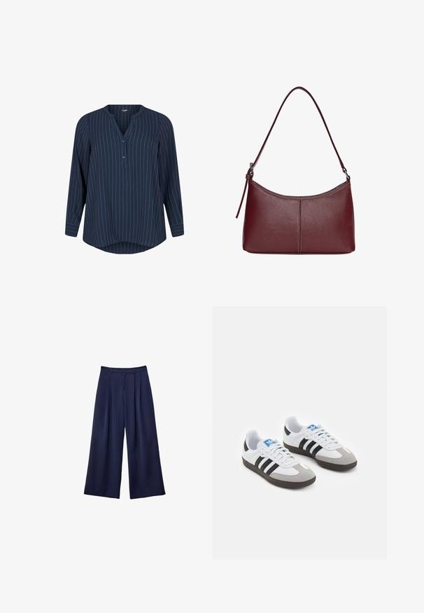 Zizzi NADELSTREIFEN - Blouse - navy blazer stripe; Marineblauwe wijde broek met plooien, knoop Tailleband en riemlussen, plat weergegeven op een witte achtergrond.; Sportschoenen met een witte leren bovenkant, grijze suède neus en drie zwarte strepen. Bevat een blauw logo op de tong en een gestructureerde rubberen zool.; Bordeaux lederen handtas met een gebogen vorm, een enkele schouderriem en gestikte details in het midden. Glad textuur, minimale hardware.