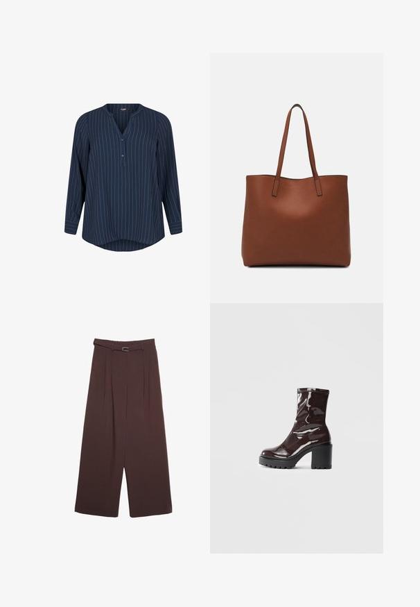 Zizzi NADELSTREIFEN - Bluse - navy blazer stripe; Stradivarius WIDE-LEG WITH BUCKLE DETAIL  - Stoffhose - dark brown; Glatte bordeauxrote Ankle Boots mit einem klobigen schwarzen Absatz, die eine glatte Oberfläche und ein einfaches Design aufweisen. Keine sichtbaren Verschlüsse oder Muster.; Braune Leder-Tote mit glatter Textur, offenem Oberteil und zwei Schulterriemen. Verfügt über minimale Nähte und keine sichtbaren Beschläge.