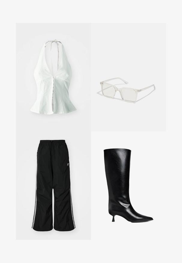 Biała bluzka na ramiączkach z głębokim dekoltem w kształcie litery V, dopasowanym korpusem i zapięciem na guziki z przodu. Wykonana z lekkiego materiału o gładkiej fakturze.; Czarne spodnie wiatrówka z elastycznym paskiem w talii, sznurkiem do regulacji, białymi paskami po bokach, luźny krój, z małym logo po lewej stronie.; Czarne skórzane kozaki do kolan z wydłużonym noskiem, smukłą sylwetką i niskim obcasem w formie blokowego kształtu o błyszczącym wykończeniu.; Przezroczyste, kwadratowe okulary z plastiku z półprzezroczystymi soczewkami, z złotymi akcentami na zausznikach dla dodatkowego wykończenia.