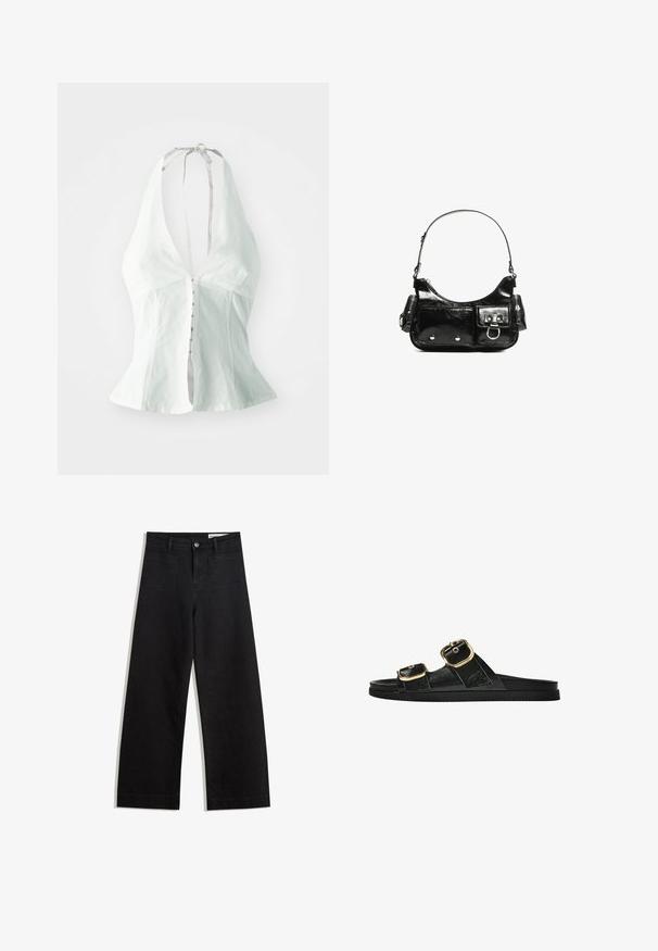Top blanc à col halter avec un décolleté en V profonds, corsage ajusté et boutons sur le devant. Fabriqué en tissu léger avec une texture douce.; Pantalon en denim noir à jambes larges avec une taille haute, comprenant des poches avant et arrière, des coutures piquées et une fermeture à bouton. Texture lisse.; Sandale noire à glissière avec deux accents de boucle en or, en matériau lisse, semelle plate et design minimaliste.; Sac à main en cuir verni noir avec une forme incurvée, une bandoulière, des poches avant et des accents en métal argenté.
