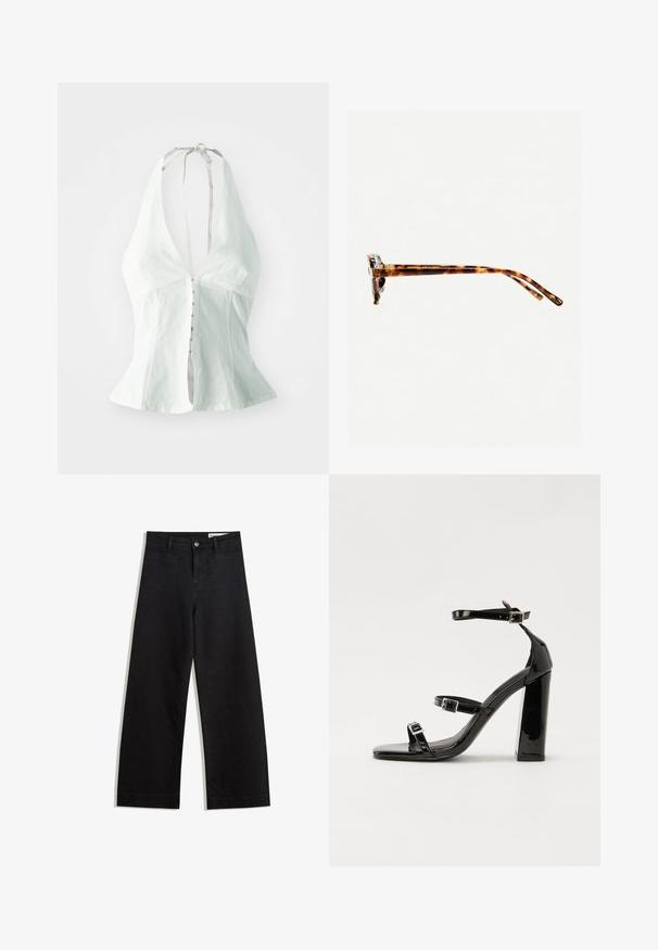 Top bianco a collo halter con profondo scollo a V, corpo aderente e chiusura con bottoni sul davanti. Realizzato in tessuto leggero con una texture liscia.; Pantaloni in denim neri a gamba larga con vita alta, dotati di tasche anteriori e posteriori, cuciture a punto, e chiusura con bottone. Texture liscia.; Sandali con tacco in vernice nera, con punta squadrata, cinturini alla caviglia e fibbie in argento. Presentano un tacco a blocco spesso per maggiore stabilità.; Occhiali da sole tartarugati con una montatura spessa, tempie leggermente curve e superficie liscia. Presentano un design classico con una finitura lucida.