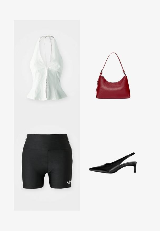 Valkoinen toppi, jossa on halterneck-tyyli, syvä V-pääntie, tiukka vartalo ja nappikiinnitys edessä. Valmistettu kevyestä kankaasta, jolla on sileä pinta.; Mustat urheilusortsit joustavasta kankaasta, jossa on korkea vyötärö. Sisältää valkoiset sivuraidat ja pienen valkoisen logon helman kohdalla.; Musta nahkainen slingback-kengät, joissa on terävä kärki, matala korko ja leikattu muotoilu sivuilla. Miellyttävä pinta, jossa on tyylikäs ulkonäkö.; Punokas nahkainen olkalaukku, jossa on kaareva muotoilu, sileä pinta ja vetoketjuluukku. Laukussa on ohut kantohihna.