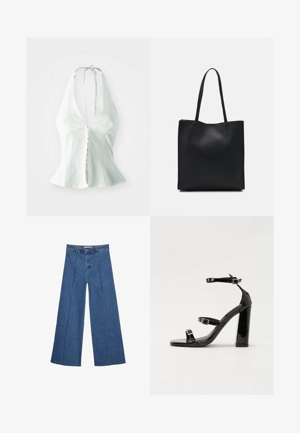 Bela top s halter vratom, ki ima globok V-izrez, prilegajoč bodice in gumbasto zapiranje spredaj. Narejen iz lahkega materiala z gladko teksturo.; Jeans širokih nogavic v srednji modri barvi, z visokim pasom, gumbom in kontrastnimi navpičnimi šivi spredaj.; Črne lakirane sandale s peto, kvadratnim prstom, trakovi okrog gležnja in srebrnimi zaponkami. Opremljene so s stabilno Debelo peto.; Črna usnjena torba s svilnato teksturo, pravokotne oblike in dvema dolgima ročajema. Brez vidnih metalnih delov ali okrasnih elementov.