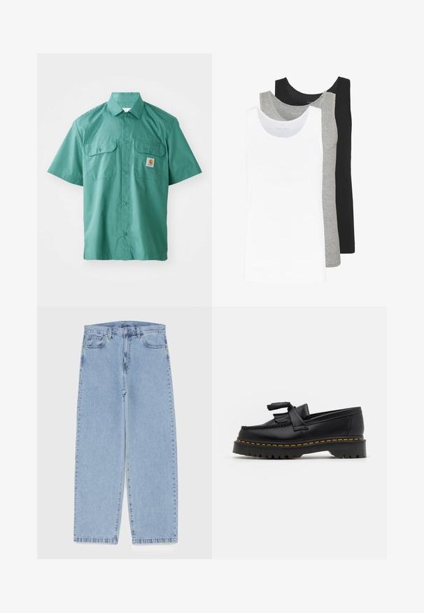 Trumpas rankovės, mygtukais užsegamas marškinėliai teal spalvos audiniu su lygiu tekstūru. Turintys dvi krūtinės kišenes ir mažą logotipo etikete ant kairio krūtinės.; Trys marškiniai be rankovių baltos, pilkos ir juodos spalvų. Kiekvienas iš jų turi klasikinį dizainą, pagamintas iš lengvos medvilnės audinio su raštuotu paviršiumi.; Šviesiai mėlyni džinsai su tiesiomis kojomis, turintys vidutinio aukščio juosmenį, penkias kišenes ir mygtuko bei užtrauktuko uždarymą.; Juodas odinis loaferis su kutais, turintis masyvų juodą pado ir geltonus siūlus palei kraštą. Textūruota danga.