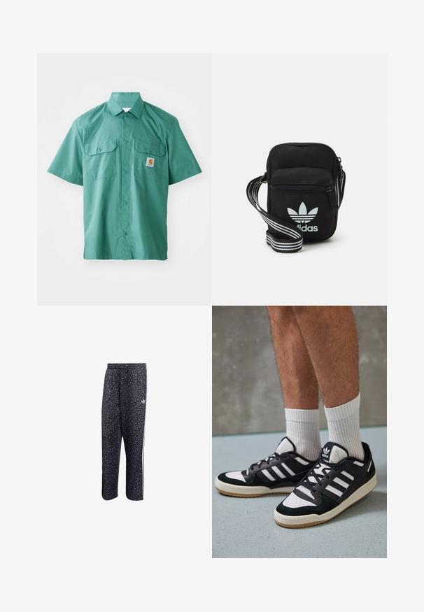 Cămașă cu mânecă scurtă, cu nasturi, din țesătură teal cu o textură netedă. Dispune de două buzunare pe piept și un mic patch cu logo pe partea stângă a pieptului.; Pantaloni de sport negri cu un model din leopard, având un design cu trei dungi albe și un logo al brandului sportiv pe lateral.; Adidași negri și albi cu un superior din suede și piele, prevăzuți cu trei dungi albe, un vârf perforat și o talpă din cauciuc caramel.; Geantă de umăr din material textil negru, cu închidere cu fermoar, având un logo Adidas alb și o curea ajustabilă cu dungi pentru o transportare ușoară.