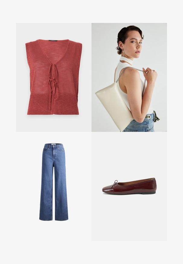 Red knitted vest with a V-neck, sleeveless design, and tie closure detail at the front. Features a textured finish and ribbed hem.; Light blue denim wide-leg jeans with a high waist, two front pockets, and visible stitching. Features a button and zipper closure.; Burgundy patent leather ballet flat with a rounded toe, small bow accent at the front, and a low, black rubber sole. Smooth texture.; White rectangular clutch bag made of glossy material, featuring a silver chain strap. Model poses, showcasing the bag against a plain background.