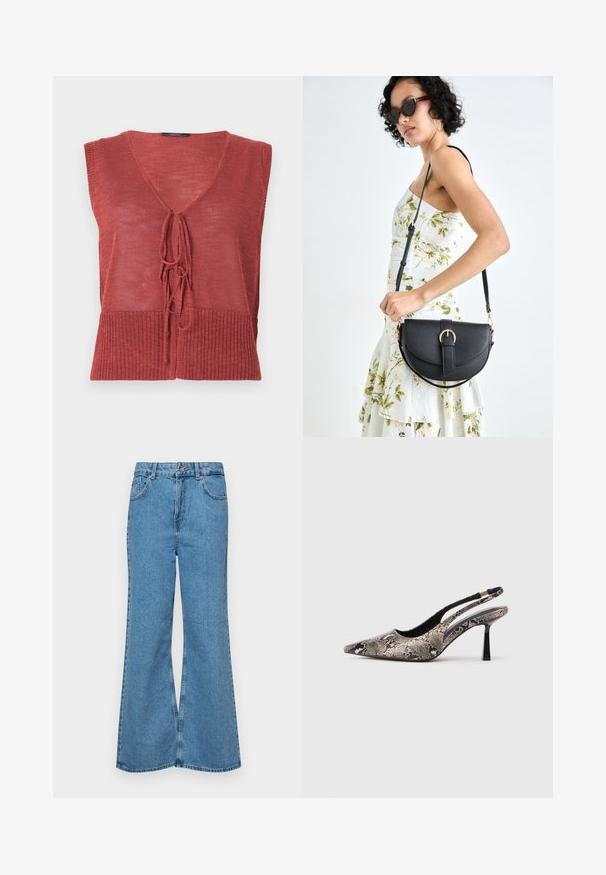 Raudonas megztas liemenė su V formos iškirpte, be rankovių dizainu ir užsegimu priekyje. Pasižymi tekstūruotu paviršiumi ir banguotu apačios kraštu.; Šviesiai mėlynos flared džinsai, pagaminti iš džinsinio audinio, su aukštu liemeniu, penkiomis kišenėmis ir vienu mygtuko užsegimu. Minkštas paviršius su išblukusiu efektu.; V-formos slingback batai, pagaminti iš tekstūruoto gyvatės odos raštų, su siauru juodu kulnu ir išpjova šonuose.; Juodas odinis krepšys su išlenkta forma, nuimamu dirželiu ir auksiniais detalėmis. Krepšys turi kilpą su sagtimi.