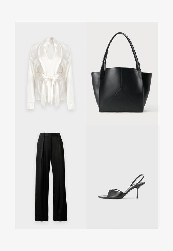 Rochie de satin albă cu guler tip șal, mâneci lungi și curea la talie. Textură netedă cu un ușor luciu și buzunare laterale.; Pantaloni negri cu picior larg, confecționați dintr-un material ușor, cu o croială adaptată, având pliseuri frontale și o talie plată cu bucle.; Cizme cu toc înalt din piele neagră, cu vârf ascuțit, curea subțire la glezne și toc stiletto. Prezintă un detaliu legat pe vamp.; Geantă tote din piele neagră cu un design geometric, având două mânere și un logo auriu pe partea din față. Textură netedă și formă structurată.