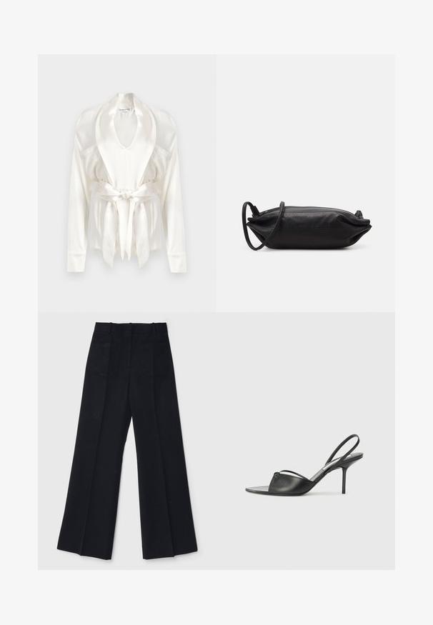 Balta satino chalatą su šaliu apykakle, ilgomis rankovėmis ir juosta ties liemeniu. Lygus paviršius su švelniu blizgesiu ir šoninėmis kišenėmis.; Juodi plačių kojų kelnes, pagamintas iš lygios medžiagos, su aukštu liemeniu, dviem užpakalinėmis kišenėmis ir subtiliomis priekinėmis raukšlėmis, suteikiančiomis papildomą formą.; Juodos odinės slingback aukštakulnės bateliai su smailiu priekiniu galu, plona kulkšnies juostele ir stiletto kulnu. Papuošti mazginio detalė vampyro dalyje.; Juodas odinis vakarėlių krepšys, stačiakampio formos, lygiu paviršiumi, plonu peties dirželiu ir minimalistiniu dizainu.