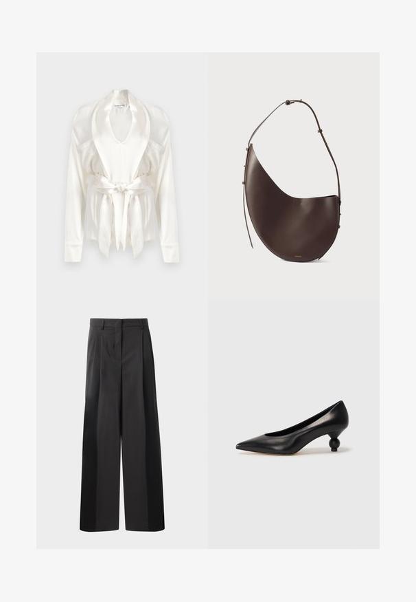 Biely saténový župan so šálovým golierom, dlhými rukávmi a opaskom v oblasti pásu. Hladká textúra s jemným leskom a bočnými vreckami.; Čierne široké nohavice s vysokým pásom, so záhybmi vpredu, hladkou textúrou a prispôsobeným strihom. Navrhnuté pre uvoľnený strih.; Čierna kožená vysoká topánka na podpätku s ostrým špičkou a okrúhlym, guľatým podpätkom. Hladký povrch s moderným, minimalistickým dizajnom.; Hnedá kožená kabelka s krivým tvarom, jedným popruhom a minimalistickým dizajnom. Obsahuje decentné logo a zlaté kovanie.