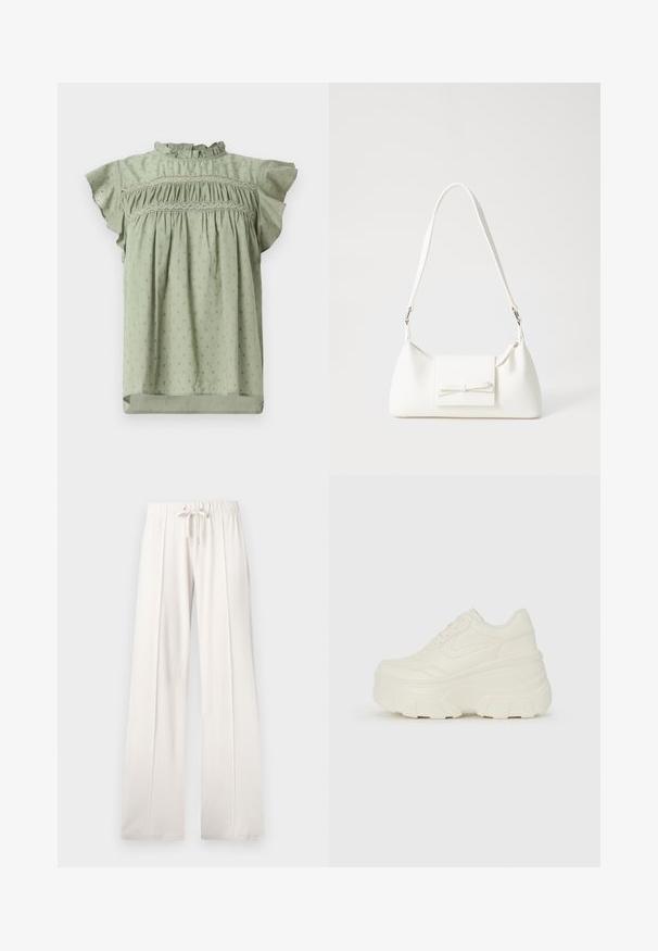 Svetlozelená blúzka s volánovými krátkymi rukávmi, smaragdovými bočnými švami a jemným, opakujúcim sa kvetinovým vzorom. Vyrobená z ľahkej látky.; Svetlobéžové tepláky z mäkkej tkaniny s nastaviteľným pásom, širokými nohavicami a vertikálnymi švami, s hladkým povrchom.; Biele platformové tenisky s hladkým koženkovým svrchným materiálom, zaobleným tvarom, polstrovaným golierom a textúrovanou gumovou podrážkou s výrazným vzorom.; Biela syntetická kabelka s trojuholníkovým tvarom, plochým predným klapkou a detailom mašle, nastaviteľným popruhom, hladkou textúrou a minimalistickým dizajnom.