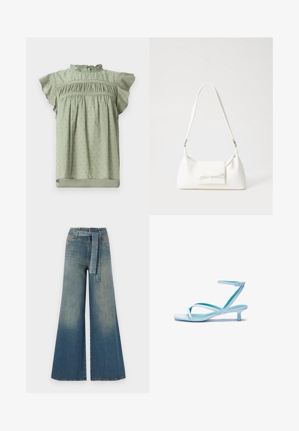 Dengtos šviesiai žalias palaidinės, su raukšlėmis trumpomis rankovėmis, smulkia susiraukšlėjusia krūtine ir subtiliu, kartojančiu gėlių raštu. Pagaminta iš lengvos medžiagos.; Platus džinsinis kelnes su šviesiai tamsiai mėlynu gradientu, aukštu juosmeniu, diržo kilpomis ir atitinkančiu audinio diržu. Textūruotas džinsinis paviršius.; Šviesiai mėlynos guminės sandalai su kvadratiniu pirštu, žemu kulnu, reguliuojama kulkšnies juosta ir lygiu, blizgiu paviršiumi. Kryžminiai dirželiai ant pado.; Balta sintetinė rankinė trikampio formos, plokščiu priekiu su užsegimu, kaspino detale, reguliuojama dirželiu, lygia tekstūra ir minimalistišku dizainu.