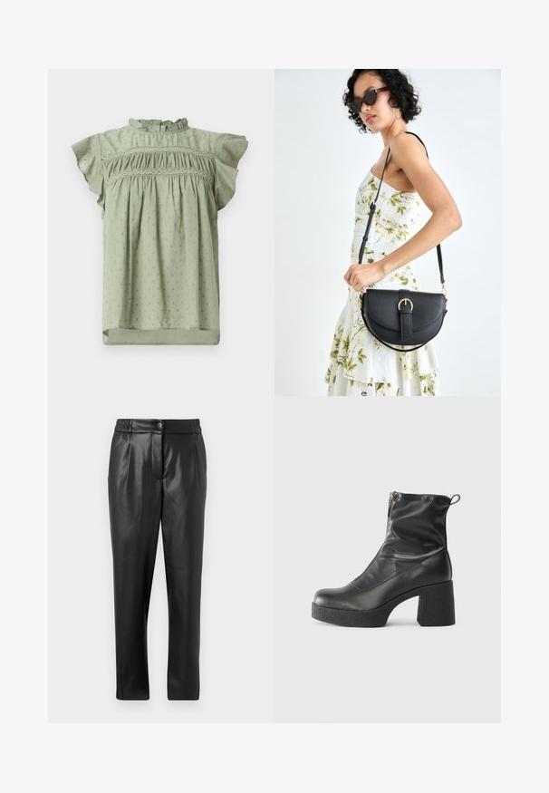 Hele roheline pluus, millel on volangidega lühikesed varrukad, rabrak ja peen korduv lillemuster. Valmistatud kergest kangast.; Mustad nahkpüksid, millel on sile tekstuur, sirge lõige, elastne vöökoht ja esine nupuga sulgemine; volditud detailid ja kitsenevad sääred.; Mustad mustad ansapüksid, mis on valmistatud siledast nahast, külje zipperiga, paksu tekstuuriga kontsaga ja ümmarguse nina disainiga.; Mustmust mustraha kõverate joontega, eemaldatava rihmaga ja kuldsete detailidega. Kotil on klapp, millel on pandladetail.