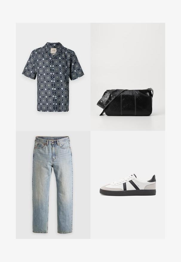 Kurzarmhemd in Marineblau mit aufwendigem Blumenmuster in Weiß und Hellblau, aus glattem Stoff gefertigt, mit einem eingeschnittenen Kragen.; Helle blaue Jeans mit hoher Taille, Frontknopf, Reißverschluss und fünf Taschen-Design, flach auf einem neutralen Hintergrund ausgelegt.; Weiße Sneaker mit schwarz- und grau-aczenten, ausgestattet mit einer strukturierten grauen Zehenkappe, schwarzer Gummi-Sohle und flachen weißen Schnürsenkeln. Sauberes Design, minimalistische Stil.; Schwarze Leder Schultertasche mit Reißverschluss, ausgestattet mit einer strukturierten Oberfläche, weißen Nähten und einem Tragegurt mit silbernen Ösen.