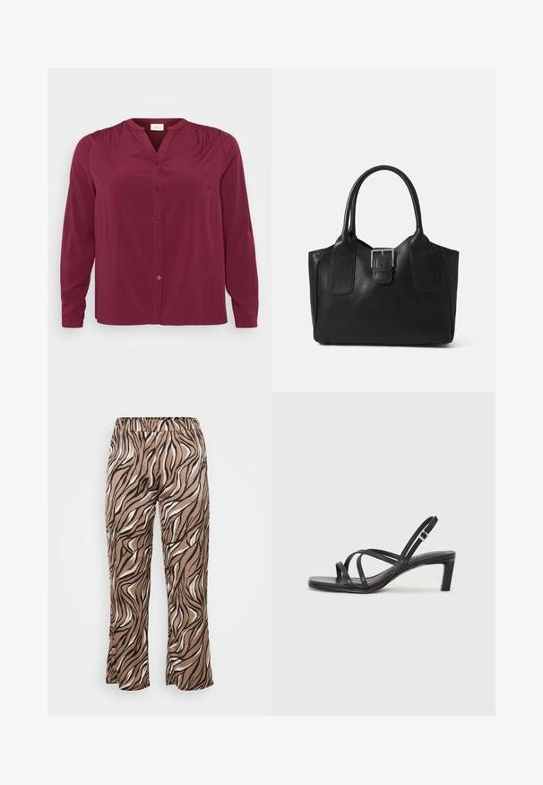 ONLY Carmakoma CARANITA SHIRT - Μπλούζα - burgundy; Καφέ και κρεμ παντελόνι με μοτίβο ζέβρας, με ελαστική μέση, διαθέτει φαρδύ πόδι και λείο υλικό.; Μαύρη σανδάλι με λουράκια και τετράγωνη μύτη, καθώς και χαμηλό μπλοκ τακούνι. Διαθέτει πολλαπλά λεπτά λουράκια και ρυθμιζόμενο λουράκι στον αστράγαλο. Κατασκευασμένο από λείο δέρμα.; Μαύρη δερμάτινη τσάντα tote με λείο υφή, δομημένο σχήμα, δύο λαβές και επιφανές ασημένιο κούμπωμα μπροστά.