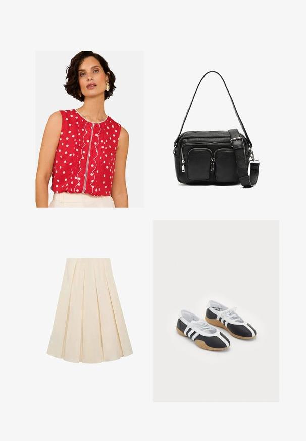 Top senza maniche rosso con pois bianchi, dettaglio frontale a scallop e rifiniture a contrasto. Tessuto leggero, vestibilità comoda.; Gonna plissè in tessuto color crema; presenta una consistenza morbida, un design a metà lunghezza e pieghe simmetriche che si estendono dalla vita all'orlo.; Scarpe da ginnastica in bianco e nero con un design elegante, suola in gomma, chiusura con lacci e tre strisce bianche sui lati.; Borsa a tracolla nera in pelle con due tasche frontali con zip, forma strutturata, tracolla regolabile e superficie texturizzata.