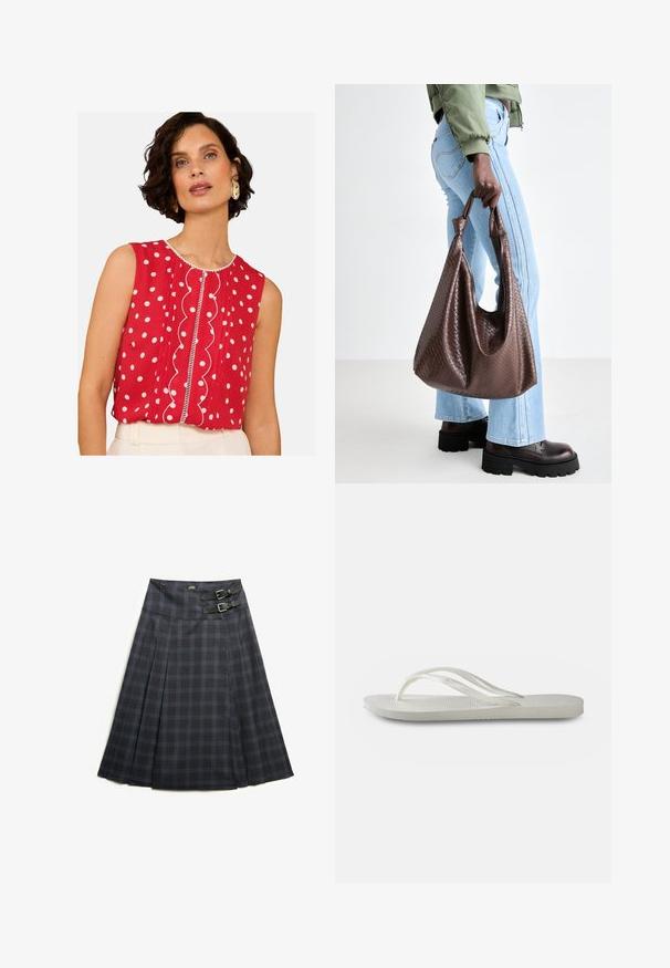 Rød ærmeløs top med hvide prikker, bølget frontdetalje og kontrasterende kant. Letvægtsstof, afslappet pasform.; Plisseret knælang nederdel i mørkegrå med blåt ternet mønster, med to sorte spænder i livet til justering og flad talje.; Hvide flip-flops med en tekstureret sål, der har tynde stropper og et fladt design. Lavet af gummi med et subtilt logo på indersiden.; Brun flettet læder totepose med knyttede håndtag, båret af en person i lyseblå jeans og sorte chunky sko. Glat, struktureret overflade.
