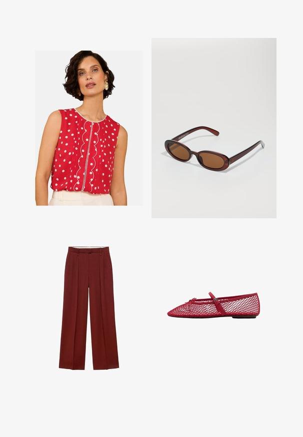 Czerwona bezrękawnik z białymi kropkami, z falbaniastym detalem z przodu i kontrastowym wykończeniem. Lekki materiał, luźny krój.; Spodnie wide-leg w głębokim czerwonym odcieniu, z wysokim stanem, plisami z przodu oraz gładkim, teksturowanym materiałem.; Czerwone siateczkowe baletki z ostro zakończonym noskiem, z cienkim paskiem i zapięciem. Wierzch ma otwarty, plasterkowy wzór.; Okrągłe, brązowe okulary przeciwsłoneczne z błyszczącą bordową oprawą. Cienkie ramiona z subtelnym detalem marki. Płaski kształt soczewek.