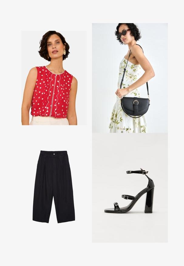 Červený top bez rukávov s bielymi bodkami, s vlniacim detailom vpredu a kontrastným lemem. Ľahká tkanina, voľný strih.; Čierne polyesterové culotte nohavice s elastickým pásom, dvoma prednými záhybmi a voľným strihom. Žiadne viditeľné vzory ani detaily z kovu.; Čierne lakované sandále na podpätku so štvorcovou špičkou, navlečenými remienkami okolo členku a striebornými prackami. Disponujú masívnym blokovým podpätkom pre stabilitu.; Čierna kožená kabelka s zaobleným tvarom, odnímateľným popruhom a zlatými doplnkami. Kabelka má klopu s detailom s prackou.