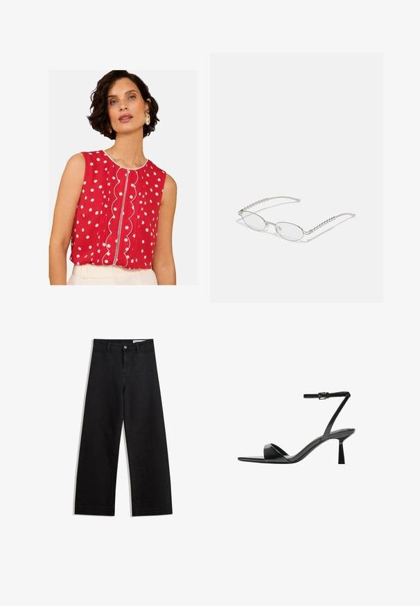 Top roșu fără mâneci cu buline albe, detalii cu margine zimțată în față și margine contrastantă. Material ușor, croială lejeră.; Pantaloni din denim negri cu picioare largi, cu talie înaltă, având buzunare frontale și posterioare, cusături dublate și închidere cu nasture. Textură netedă.; Bershka Sandale cu toc - black; Ochelari ovali cu o ramă metalică argintie, lentile clare și accente texturate cu mărgele pe brațe. Design ușor cu brațe curbate.