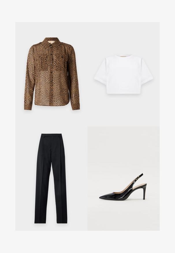Brown sheer button-up shirt with black leopard spots, featuring two chest pockets and a collared neckline. Long sleeves with button cuffs.; Cropped white t-shirt made of soft fabric, featuring short sleeves, a round neckline, and ribbed hem details. Simple and unembellished design.; Black trousers made from smooth fabric featuring a high waist, wide legs, front pleats, and classic belt loops. No side pockets visible.; Black patent leather slingback pump with pointed toe, slim heel, and a subtle cutout design. Features a gold buckle on the strap.