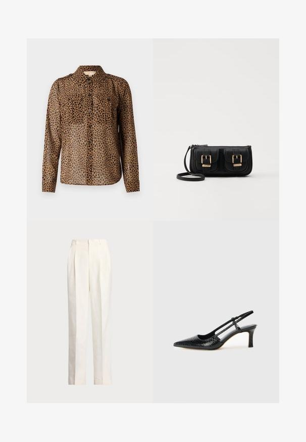 Ruskea läpikuultava nappipaita mustilla leopardikohdistuksilla, joissa on kaksi rintataskua ja kauluksen päättävä kaulus. Pitkät hihat nappikauluksilla.; Polo Ralph Lauren HEMP WIDE LEG PANT - Housut - nevis; Musta patent slingback-kiilakorko teräväkärkisellä muotoilulla, jossa on teksturoitu käärmeennahkakuosi, säädettävä remmi ja lyhyt, teksturoitu blokkiheel.; Musta nahkainen olkalaukku, jossa on kaksi etutaskua, kultaiset soljet, vetoketjukiinnitys ja kapea hihna. Teksturoidun pinnan ja kompaktin suorakaiteen muoto.