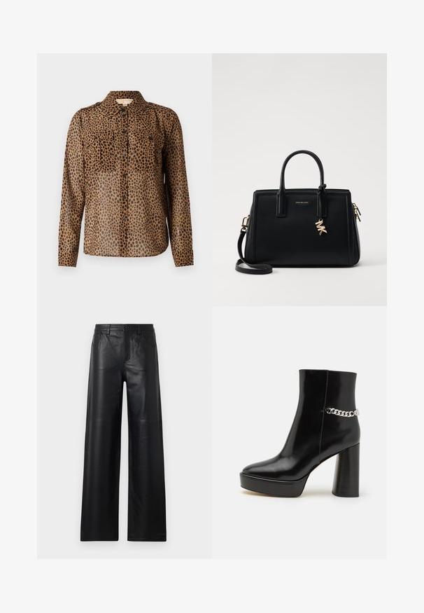 Braunes, durchsichtiges Button-up-Hemd mit schwarzen Leopardenflecken, ausgestattet mit zwei Brusttaschen und einem Kragen. Lange Ärmel mit Knopfmanschetten.; Weite schwarze Lederhosen mit glatter Textur, ausgestattet mit Fronttaschen, einem Knopfverschluss und dezenten Steppnähten.; Schwarze Lackleder-Ankle-Boots mit plattenförmigem Absatz und hohem Blockabsatz. Verfügt über einen silbernen Kettenakzent an der Seite. Glatte Textur.; Schwarze Ledertasche mit strukturiertem Design, doppelten oberen Griffen, abnehmbarem Schulterriemen, goldfarbenen Beschlägen und einem Logo-Anhänger.
