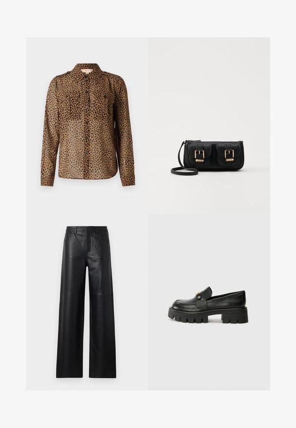 Brūns caurspīdīgs krekls ar melniem leoparda plankumiem, kas aprīkots ar divām krūšu kabatām un apkakles kakla izgriezumu. Garas piedurknes ar pogu aprocēm.; Platas kāju melnas ādas bikses ar gludu tekstūru, kurām ir priekšējās kabatas, pogu aizdare un smalki izšuvumi.; Melni ādas mokasīni ar masīvu zoli, ar zeltaini akcentu priekšā un gludu apdari. Masīva protektora dizains uz zoles.; Melnas ādas crossbody soma ar divām priekšējām kabatām, zelta sprādzēm, ar rāvējslēdzēju aizdari un šauru siksnu. Strukturēta virsma un kompakta taisnstūra forma.