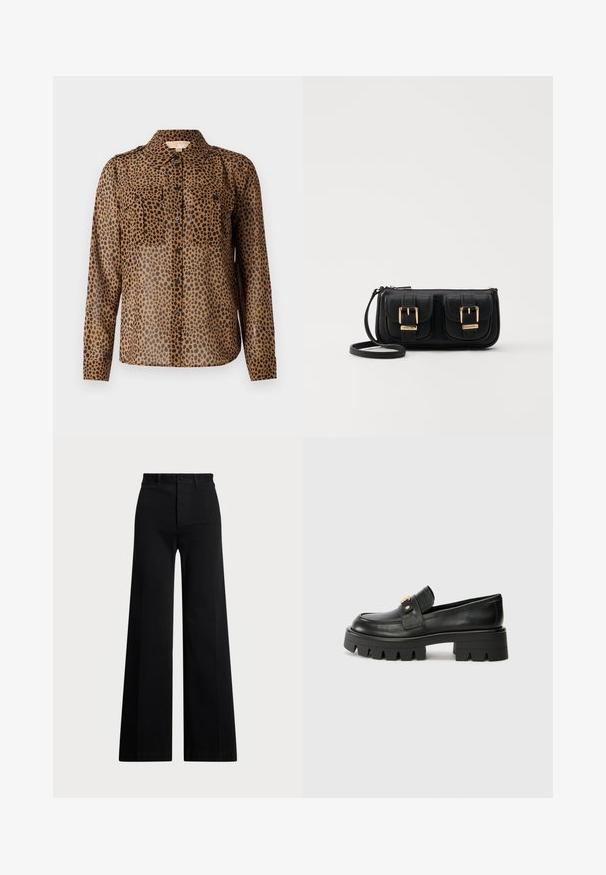 Camicia trasparente marrone con macchie di leopardo nere, dotata di due tasche sul petto e colletto. Maniche lunghe con polsini abbottonati.; Pantaloni neri a gamba larga realizzati in tessuto intrecciato, con vita alta, chiusura anteriore con bottone e tasche laterali. Texture liscia con linee pulite.; Mocassini in pelle nera con suola spessa, caratterizzati da un accento dorato nella parte anteriore e una finitura liscia. Design della suola con profilo spesso.; Borsa a tracolla nera in pelle con due tasche frontali, fibbie dorate, chiusura con zip e una tracolla sottile. Superficie texturizzata e forma rettangolare compatta.
