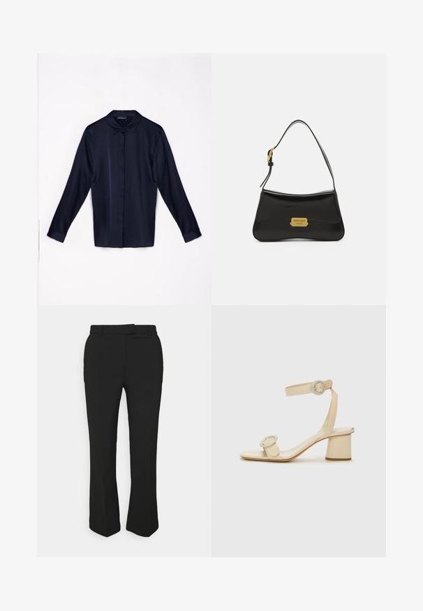 Camicia lunga a maniche con colletto classico in un tessuto liscio di un blu navy scuro, con chiusura frontale a bottoni e polsini abbottonati.; Pantaloni neri su misura con design a gamba dritta, dotati di passanti per cintura e tasche laterali. Realizzati in tessuto liscio con una finitura pulita.; Sandali con tacco alto beige dal design minimalista, caratterizzati da due accenti circolari e un tacco spesso. Realizzati in pelle liscia.; Borsa a tracolla in pelle nera con un design curvo, accentuata da una placca del logo dorata e una tracolla sottile. Texture liscia con una finitura elegante.