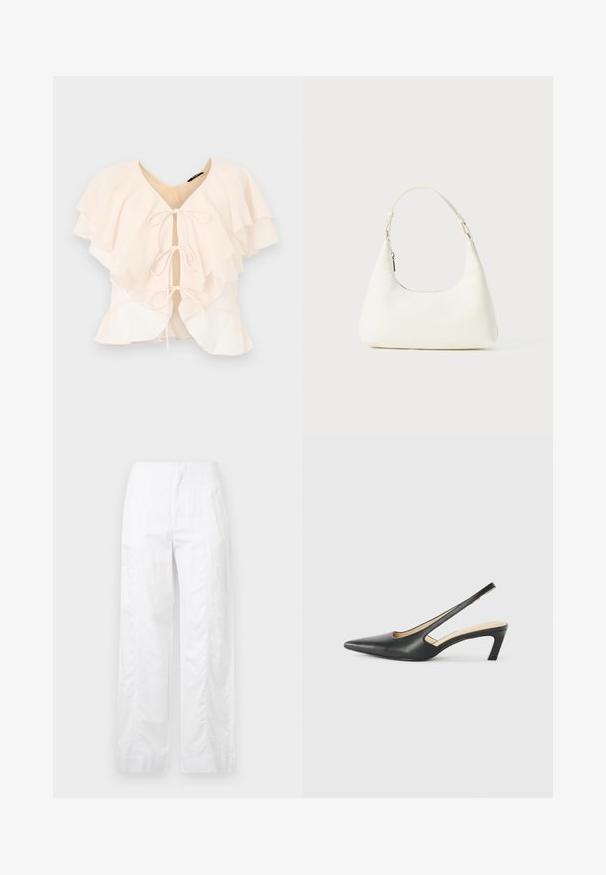 Blouse rose clair avec des volants superposés, décolleté en V et trois nœuds à l'avant. Tissu doux et design fluide.; Pantalons larges blancs en tissu léger, présentant une texture lisse, des lignes épurées et une taille haute.; Slingback noir à bout pointu avec un petit talon, en cuir lisse et doté d'un design découpé sur le côté pour plus de respirabilité.; Petit sac blanc à épaule avec une seule bandoulière ajustable et une fermeture éclair, sur un fond blanc uni.