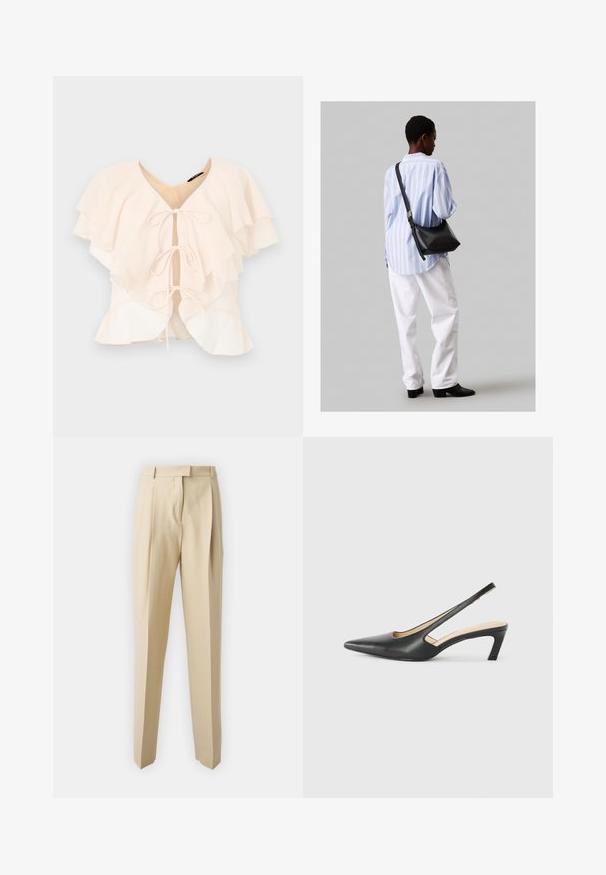 Svetloružová blúzka s vrstvenými volánmi, výstrihom do V a tromi mašľami vpredu. Mäkko tkanina a splývavý dizajn.; Béžové nohavice na mieru so priamym strihom, s plisovaním, pásom a hladkou textúrou. Žiadne viditeľné vrecká ani ozdoby.; Čierne slingback topánky s ostrou špičkou a nízkym opätkom, vyrobené z hladkej kože a s výrezmi na boku pre lepšiu priedušnosť.; Čierna kožená ramenná taška so mäkkou textúrou, trojuholníkovým tvarom a nastaviteľným popruhom, skombinovaná s svetlomodrou pruhovanou košeľou a bielymi nohavicami.